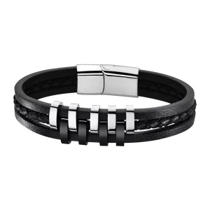 Pulsera Lotus Style para Hombre - Diseño Masculino en Acero Inoxidable y Cuero Negro Premium LS1838/2/1